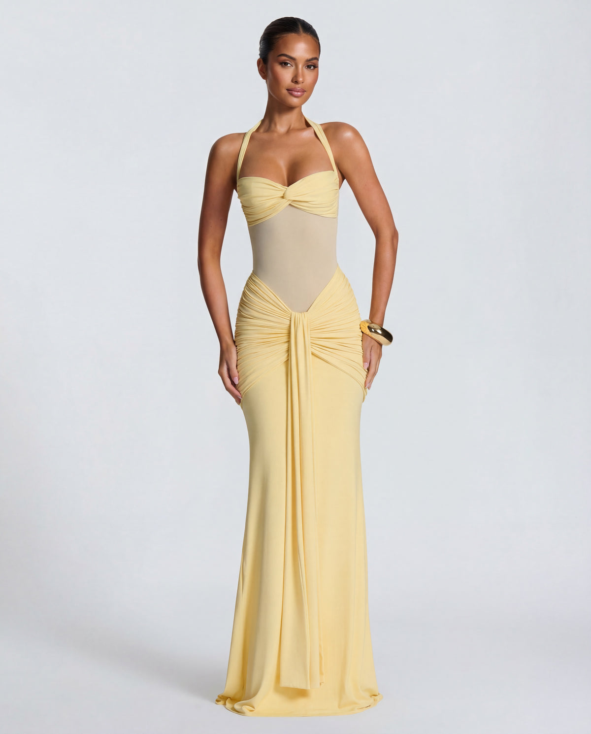 Rosabella | Radiant Yellow Halter Neck Ruched Maxi Dress