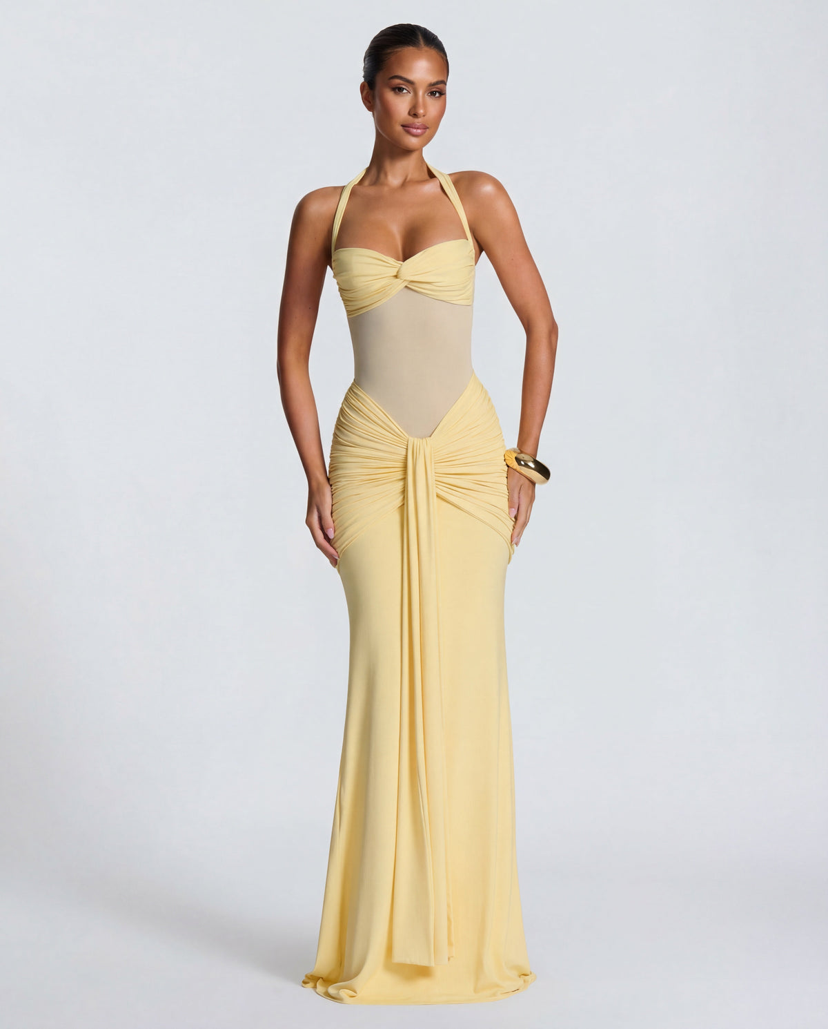 Rosabella | Radiant Yellow Halter Neck Ruched Maxi Dress