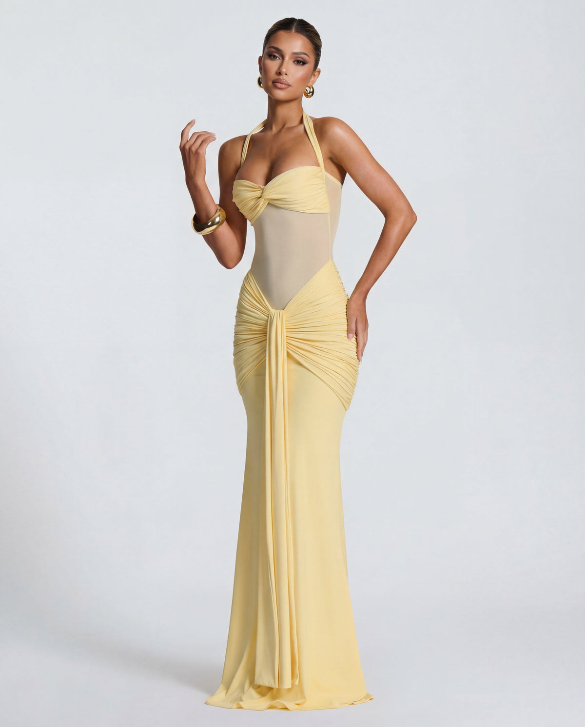 Rosabella | Radiant Yellow Halter Neck Ruched Maxi Dress