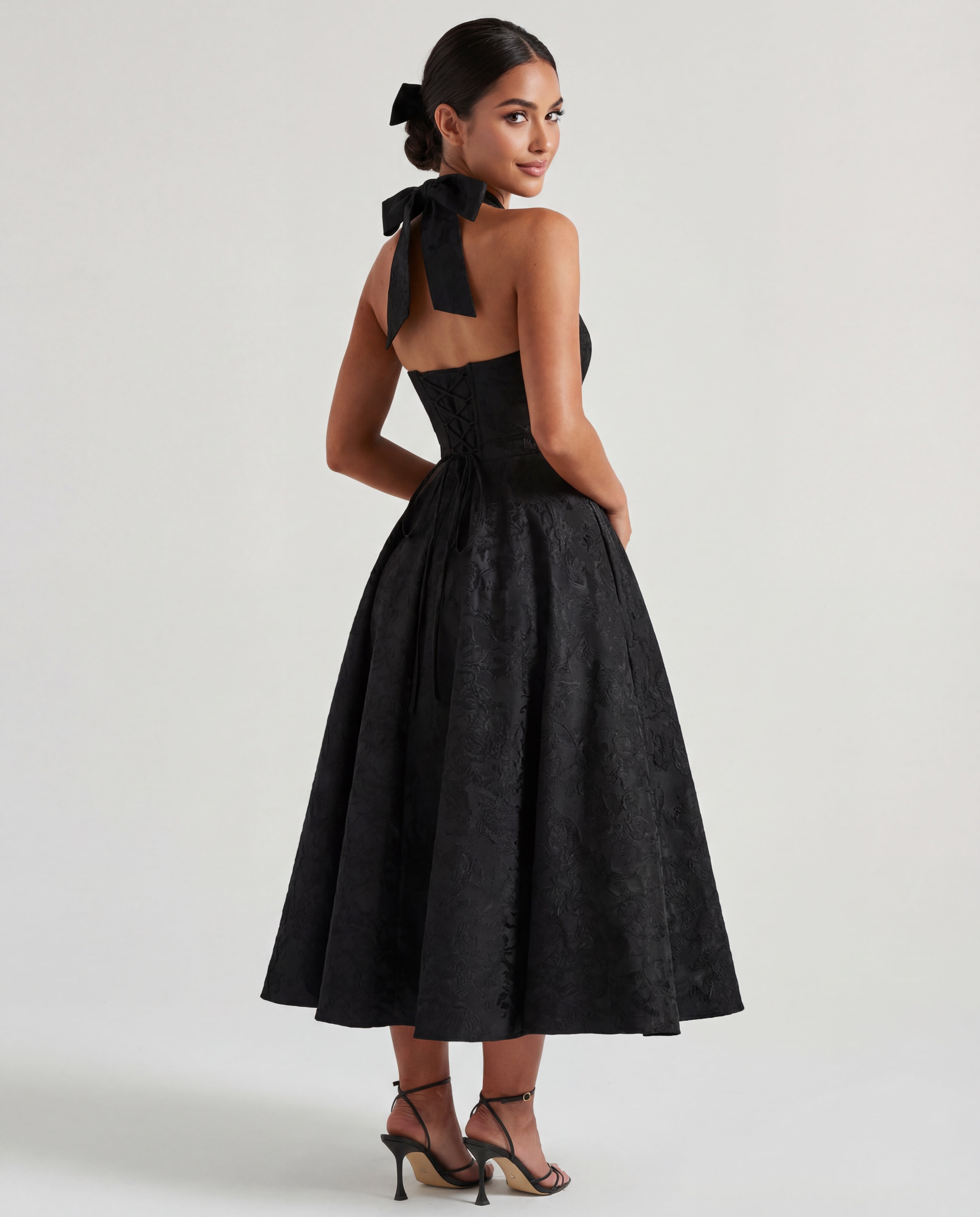 Evelyn | Halterneck Bustier Textured Jacquard Midi Dress