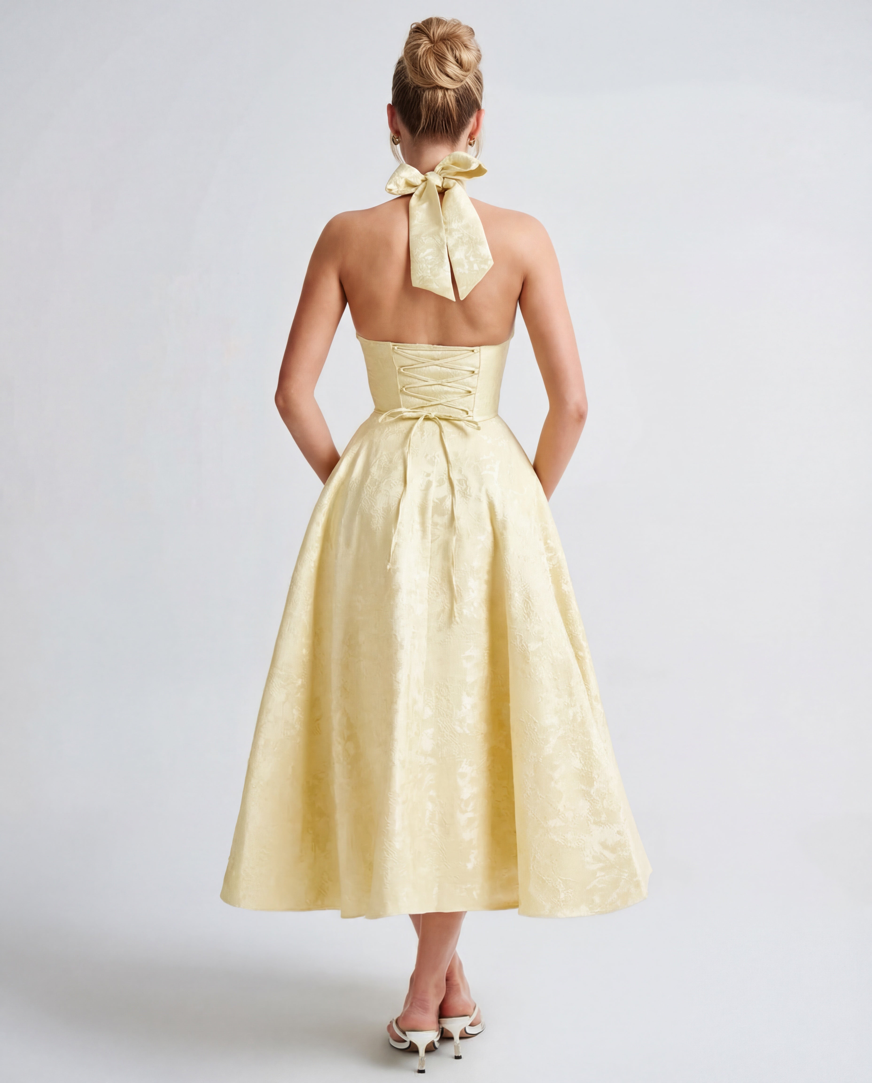 Evelyn | Halterneck Bustier Textured Jacquard Midi Dress