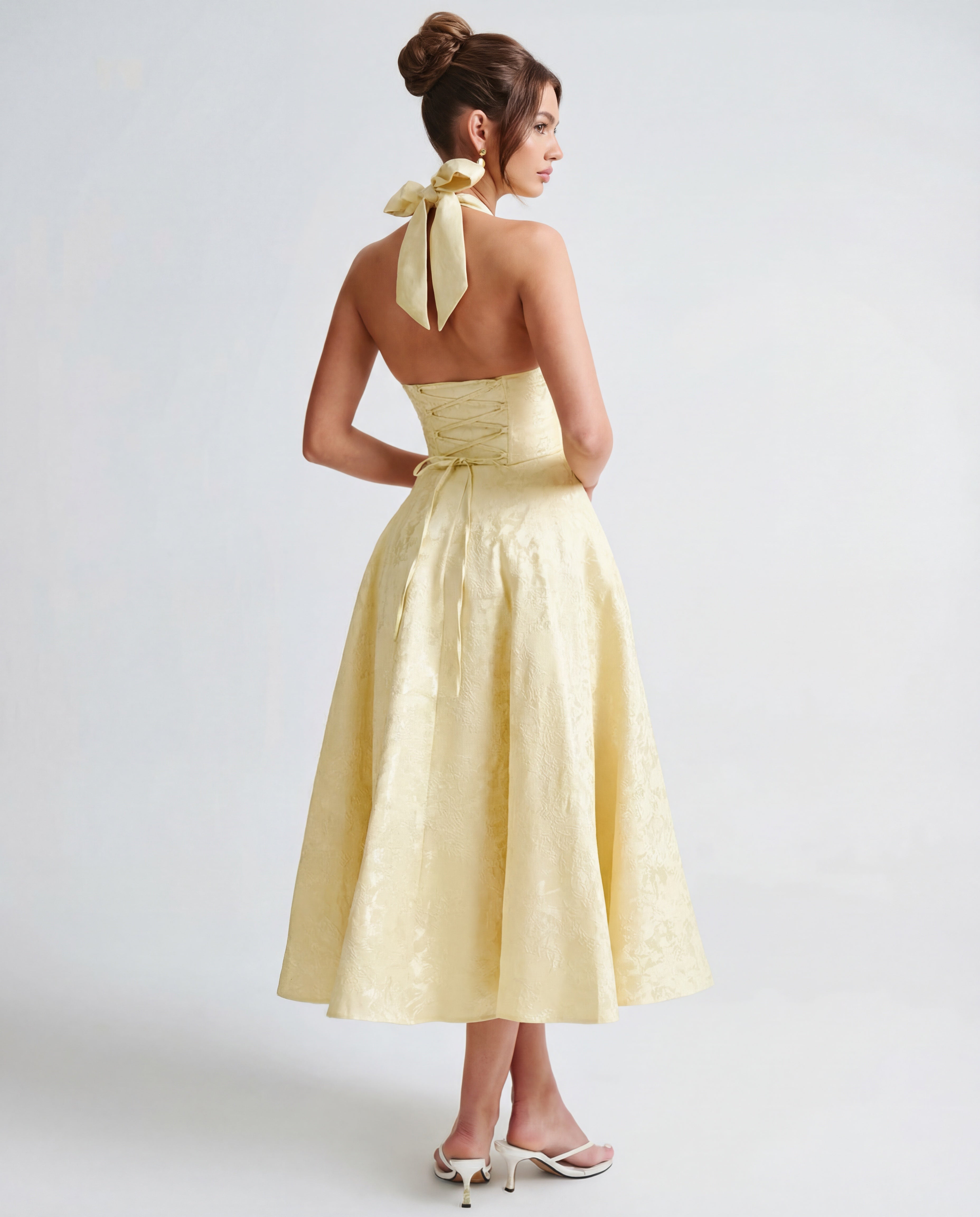 Evelyn | Halterneck Bustier Textured Jacquard Midi Dress