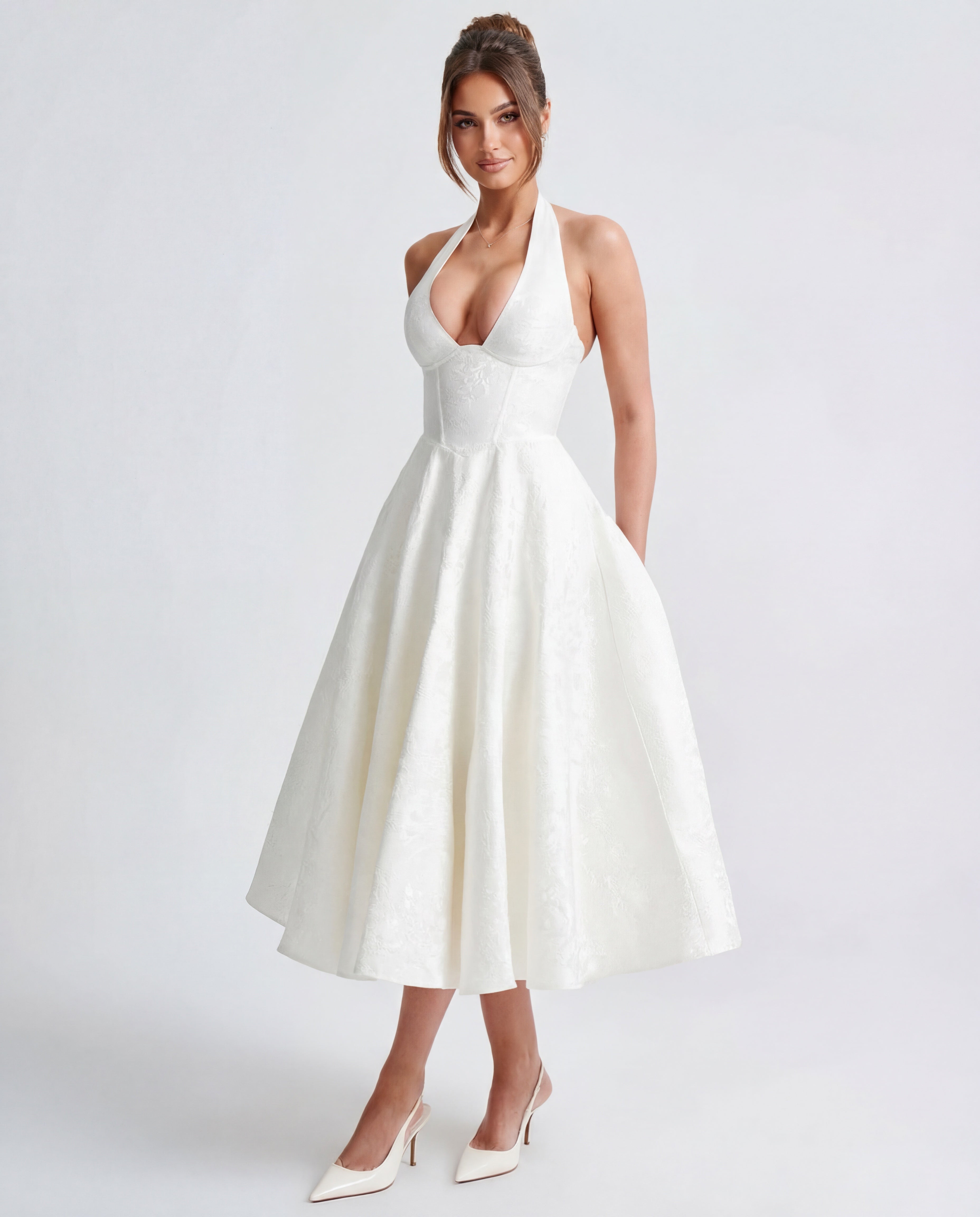 Evelyn | Halterneck Bustier Textured Jacquard Midi Dress