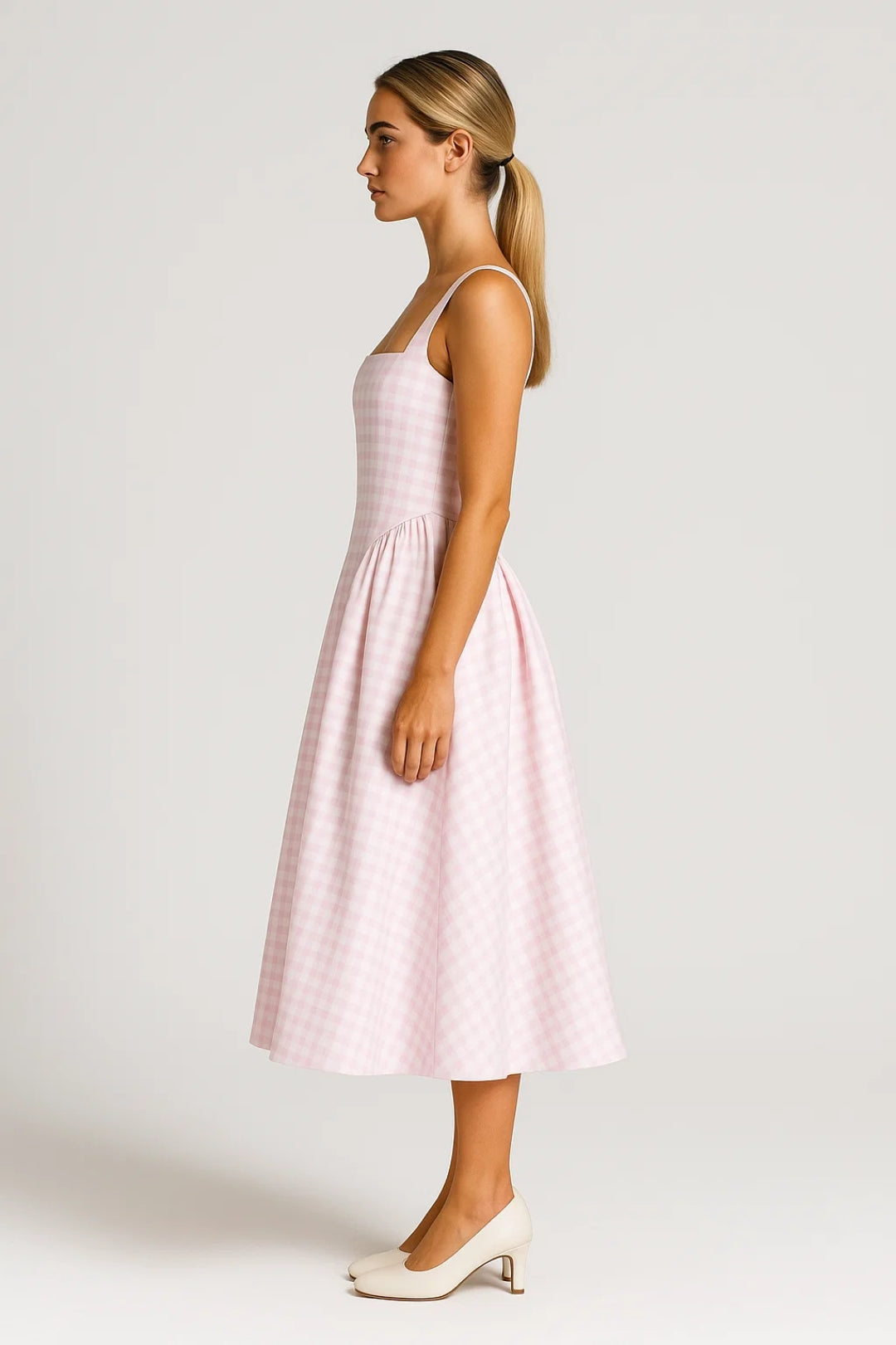 Nicolle | Retro Checkered Square-Neck Midi Dress