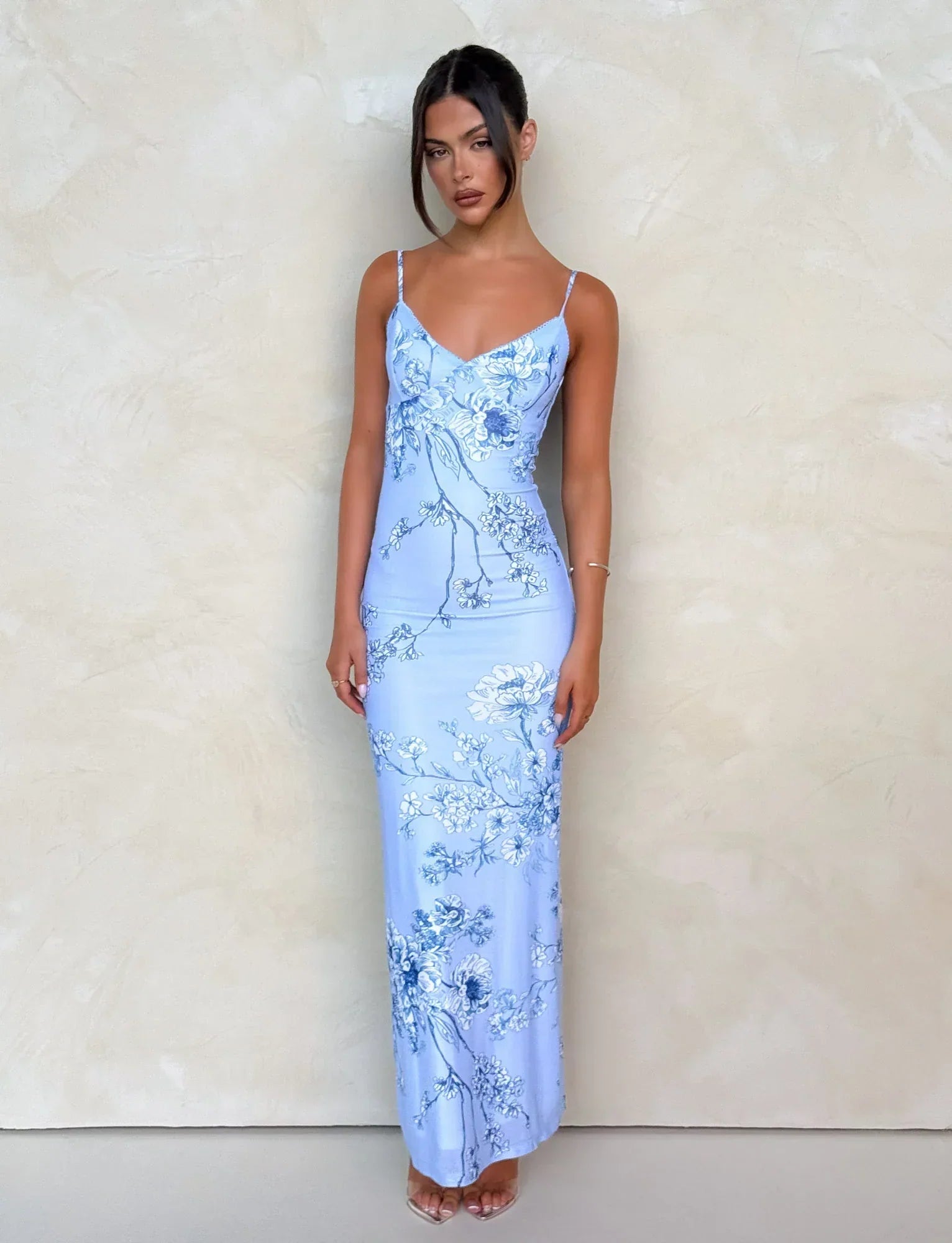 Julie | Elegant Printed Sleeveless Rose Stripe Flowy Maxi Dress