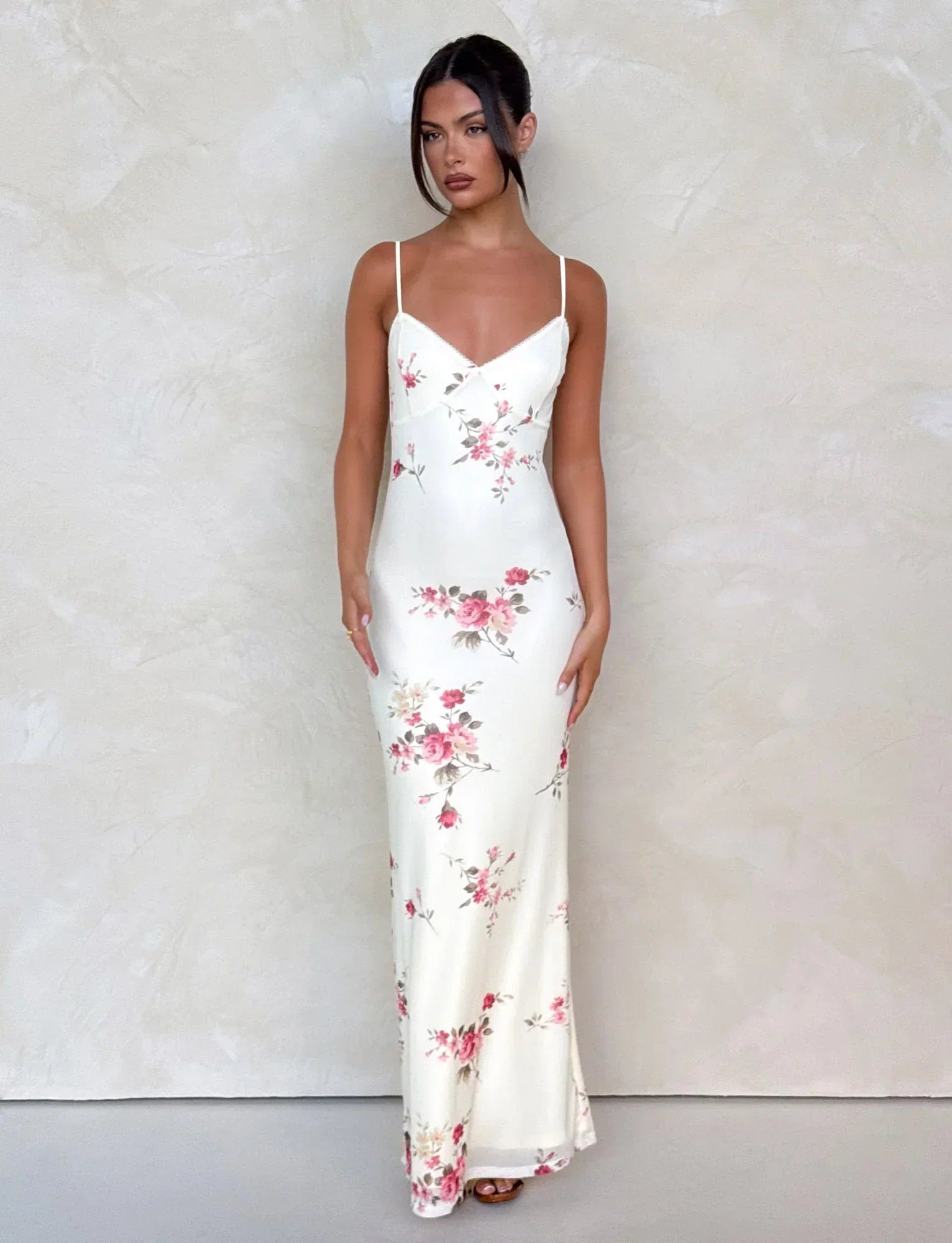 Julie | Elegant Printed Sleeveless Rose Stripe Flowy Maxi Dress