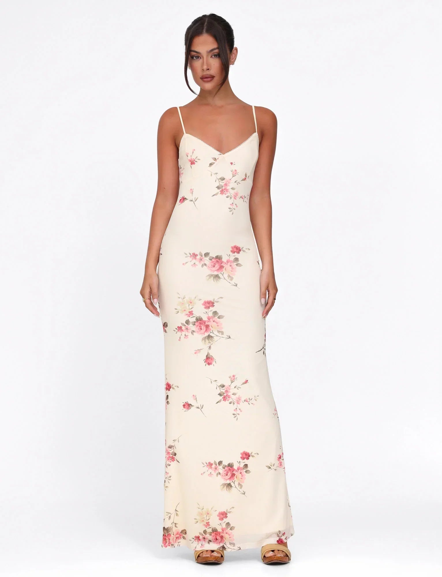 Julie | Elegant Printed Sleeveless Rose Stripe Flowy Maxi Dress