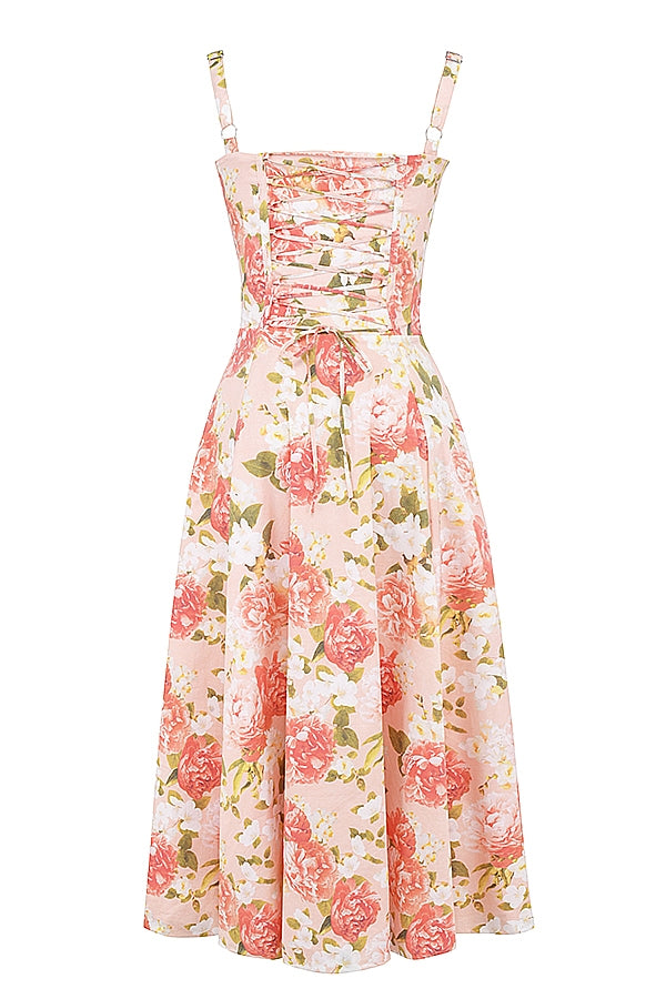 Carmen | Pink Peony Lace Up Back Floral Side Split Midi Dress