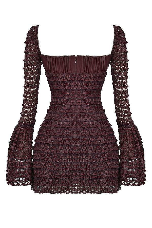 Marisa | Rich Brown Floral Lace Drawstring Bust Mini Dress
