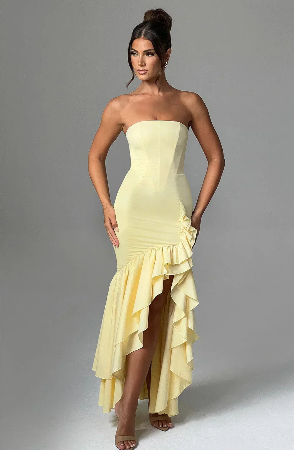 Martyna | Strapless High-Low Ruffle Maxi Dress