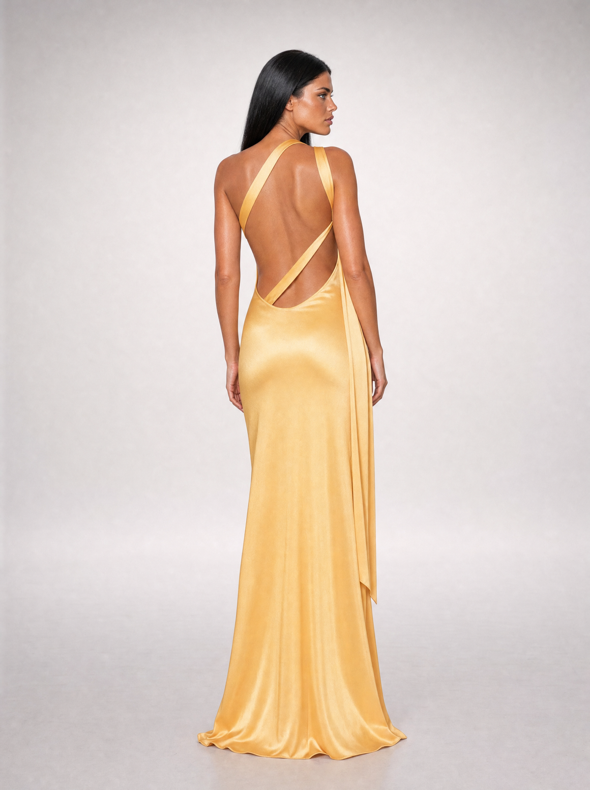 Anouk one-shoulder maxi dress in yellow satin, open back view