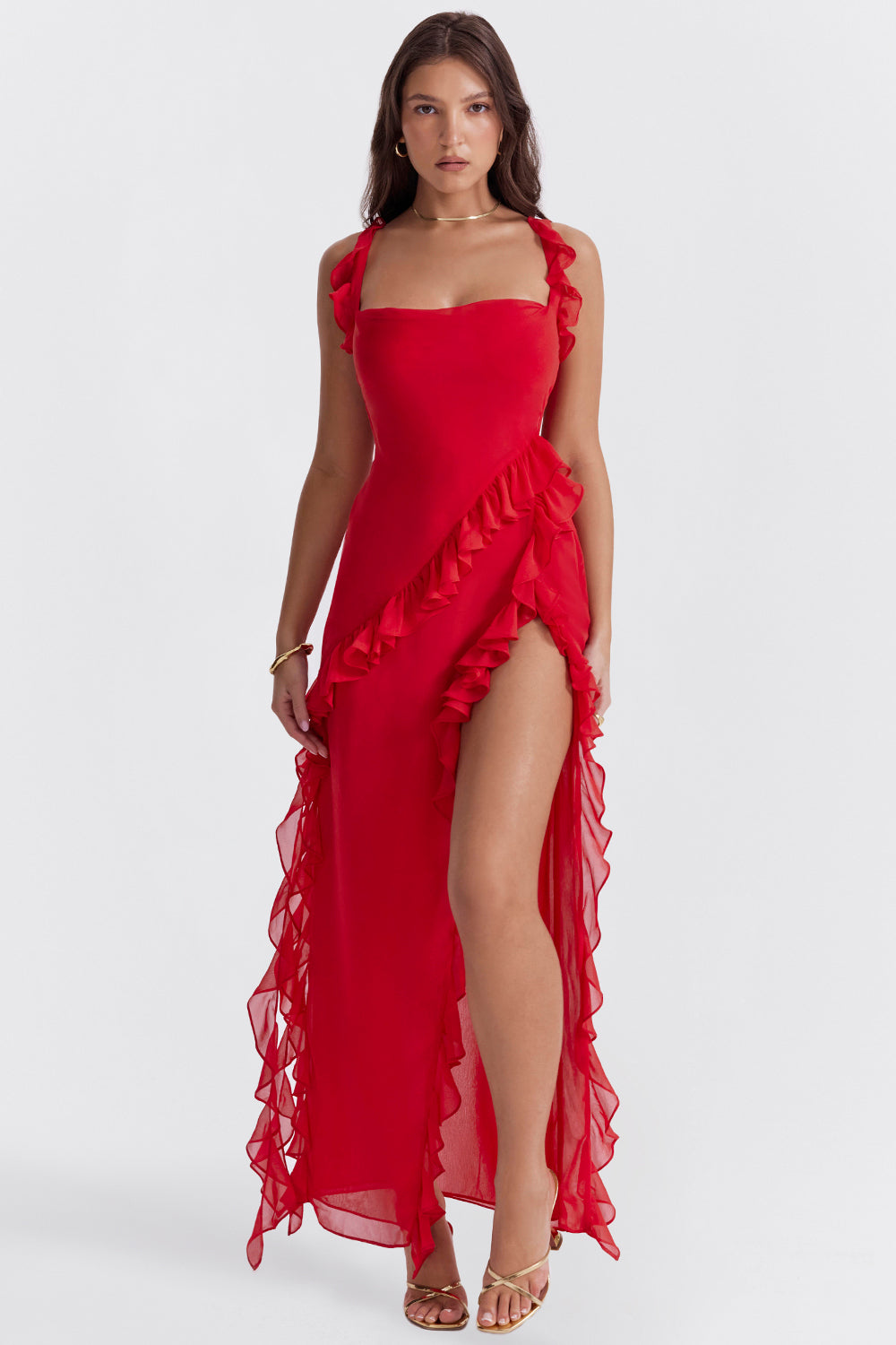 Soho | Square Neck Thigh-High Slit Ruffle Side Maxi Dress