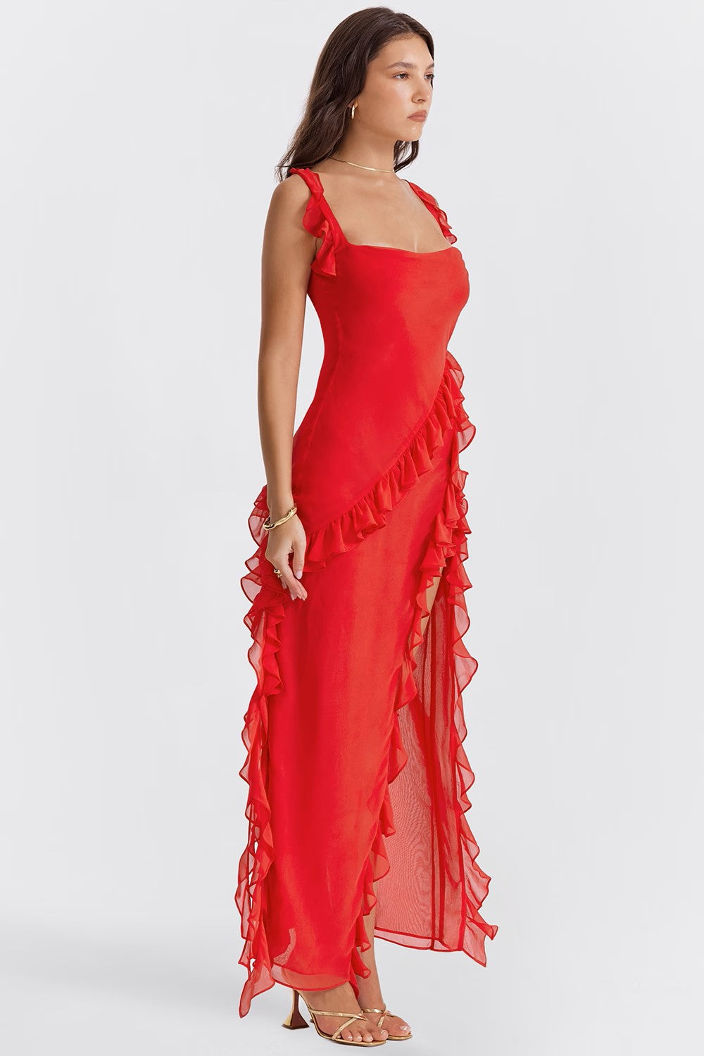 Soho | Square Neck Thigh-High Slit Ruffle Side Maxi Dress