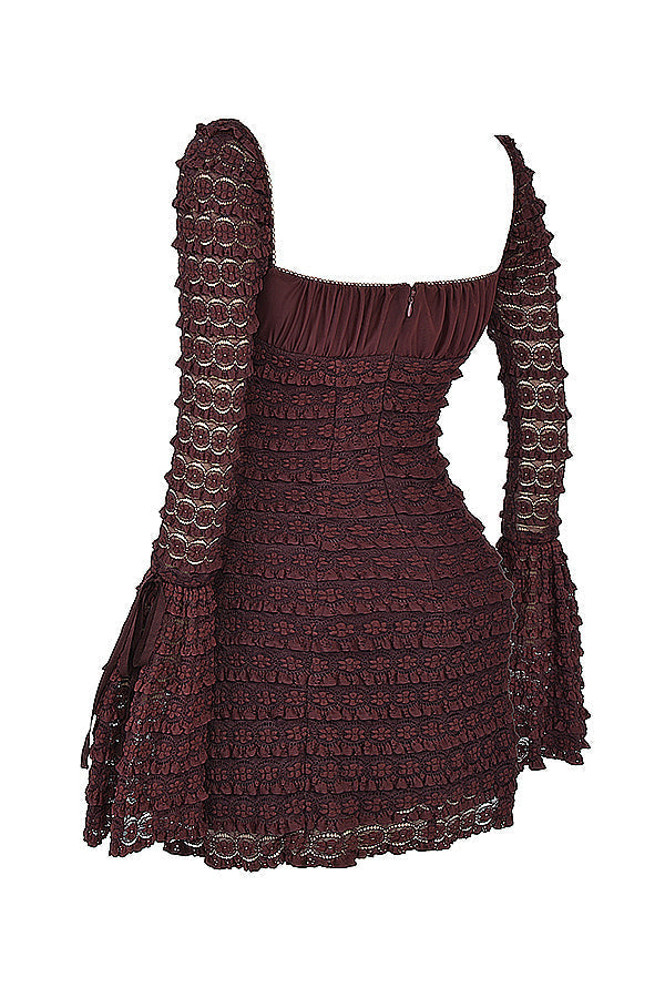 Marisa | Rich Brown Floral Lace Drawstring Bust Mini Dress
