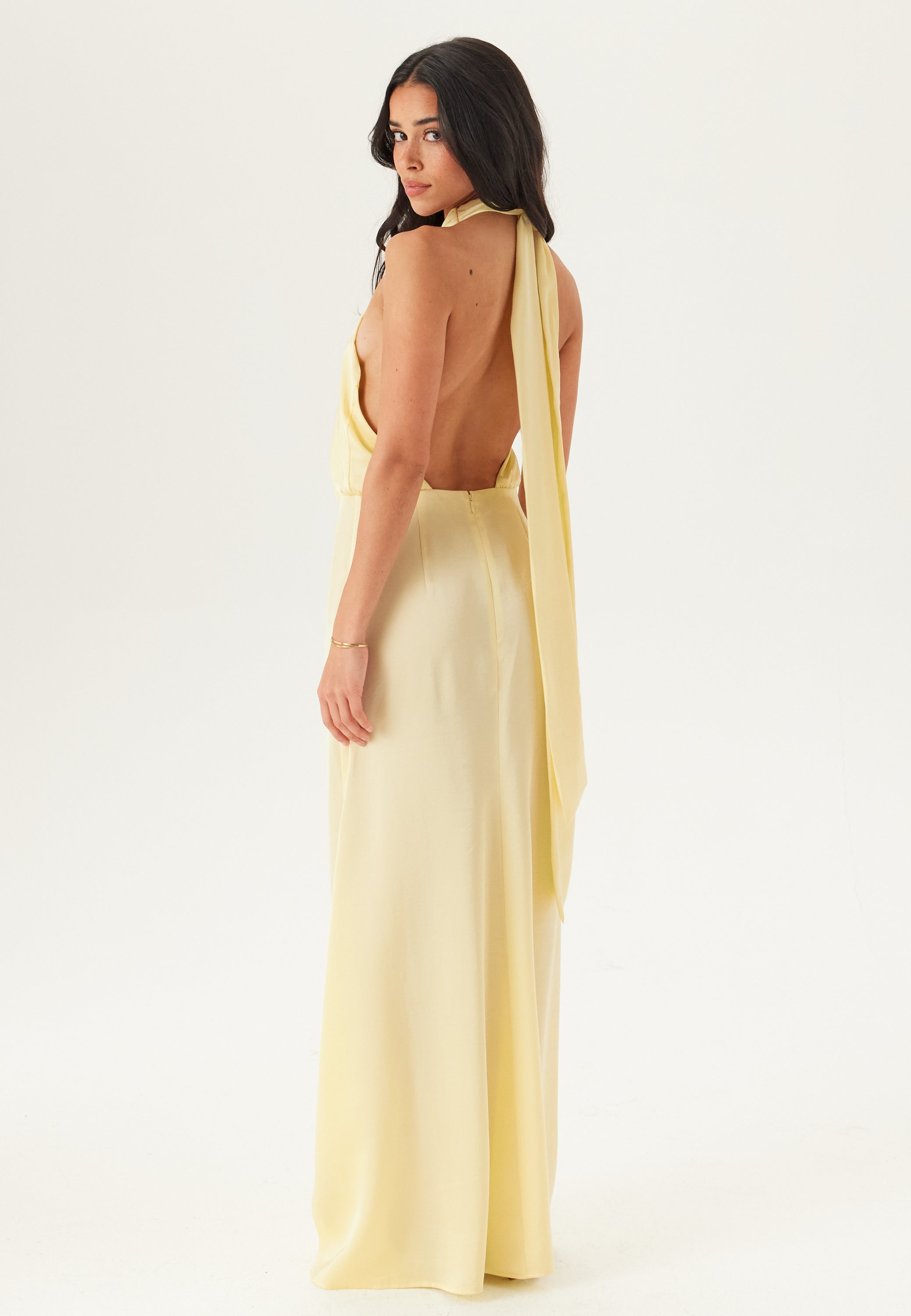 Lola | Buttery Yellow Halterneck Satin Maxi Dress
