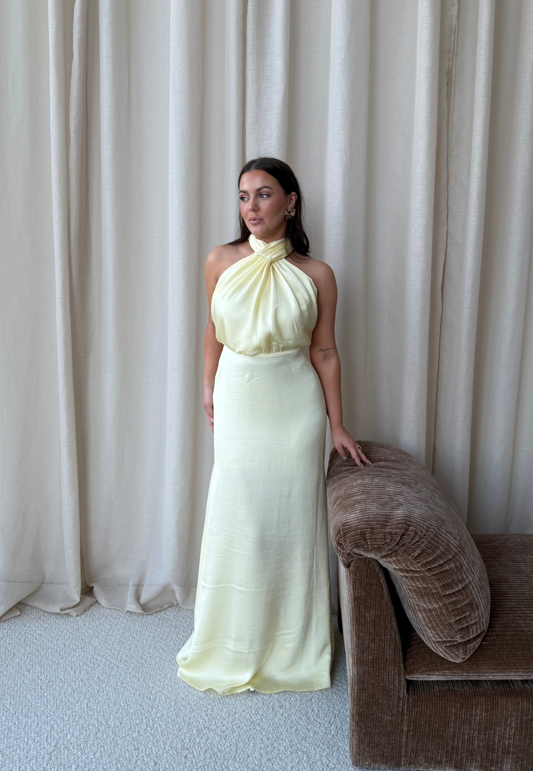 Lola | Buttery Yellow Halterneck Satin Maxi Dress