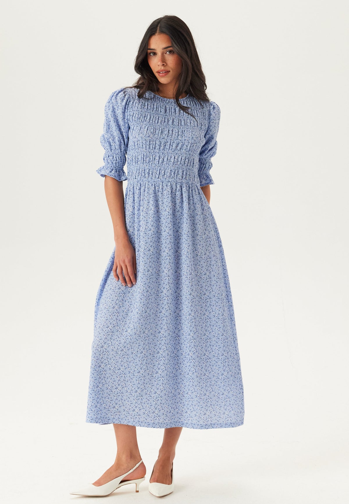 Lisa | Blue Smocked Midi Dress