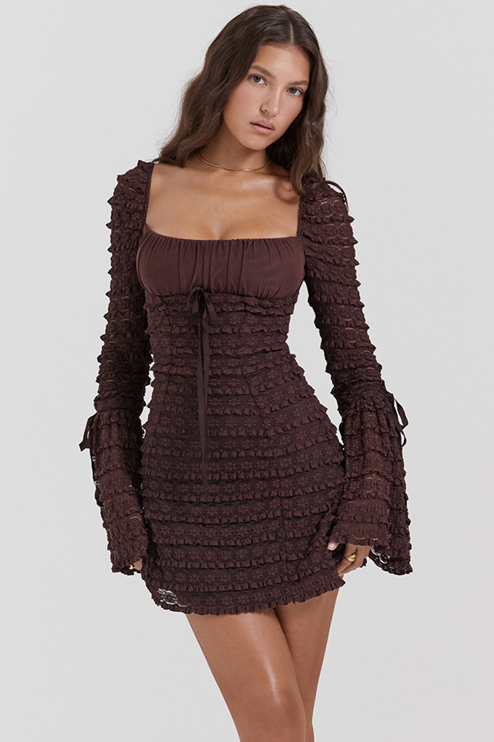 Marisa | Rich Brown Floral Lace Drawstring Bust Mini Dress