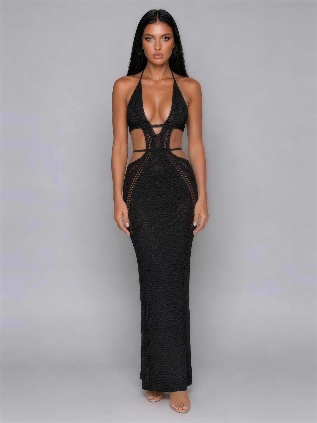 Delphine halter maxi dress in black, front view