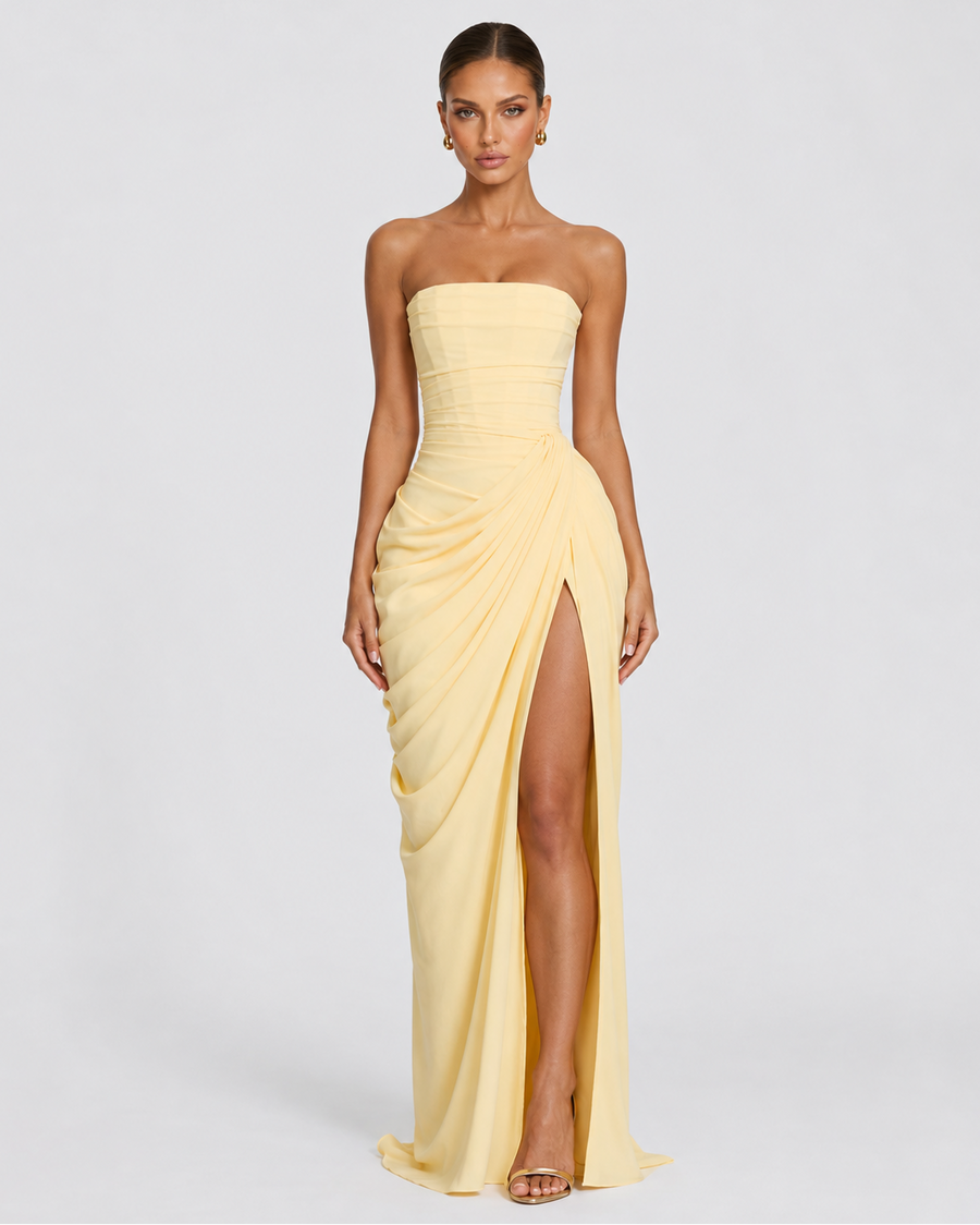 Aurelia strapless draped maxi gown in light yellow