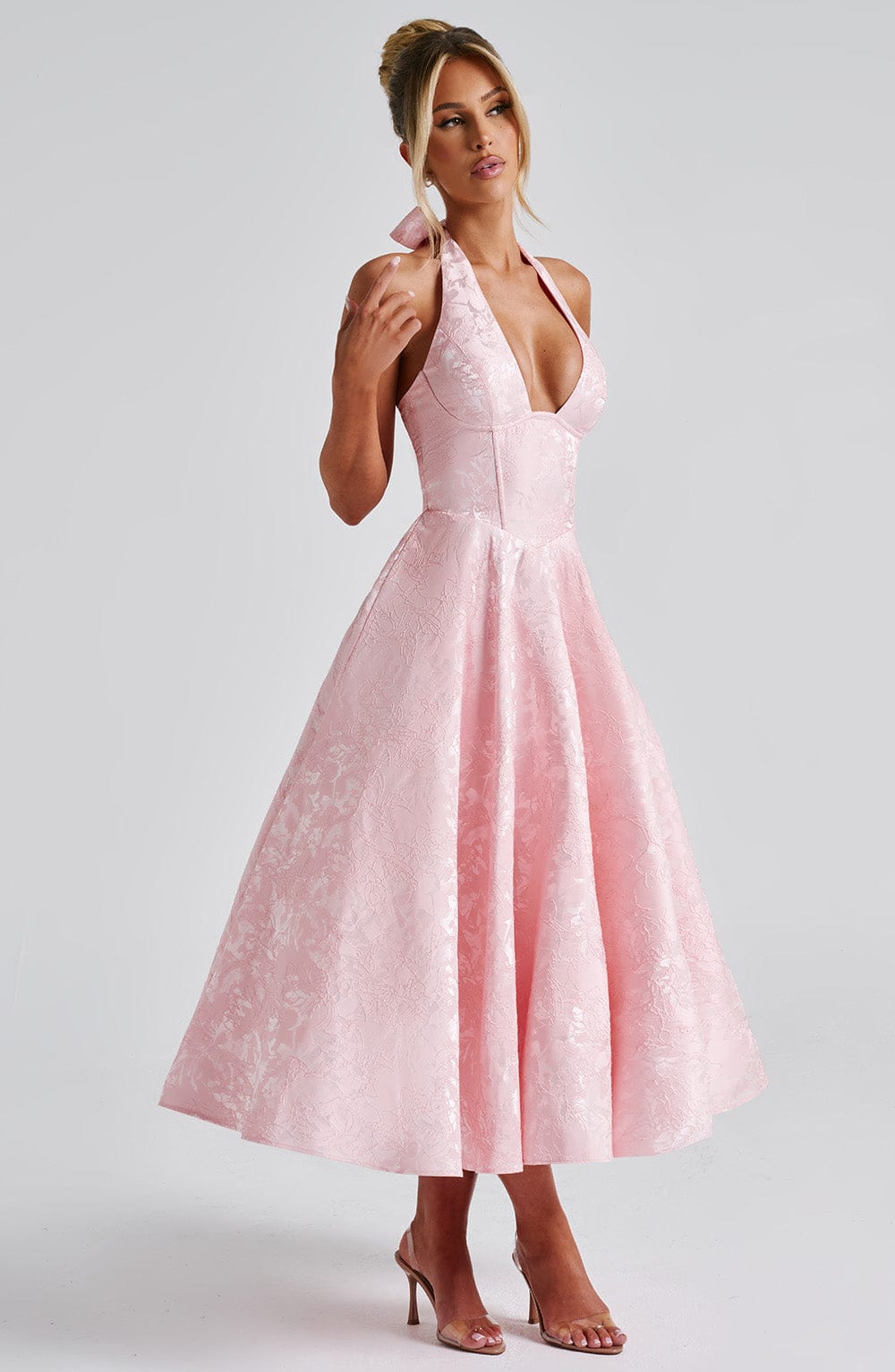 Rosie | Floral Jacquard Halter Midi Dress