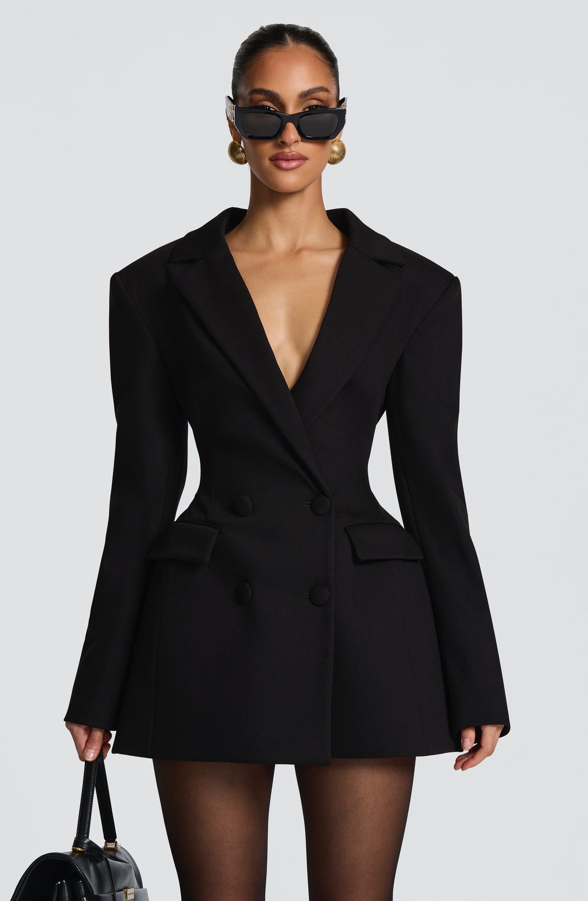 Casey | Structured Sharp Shoulder Plunge Choker Tailored Mini Dress
