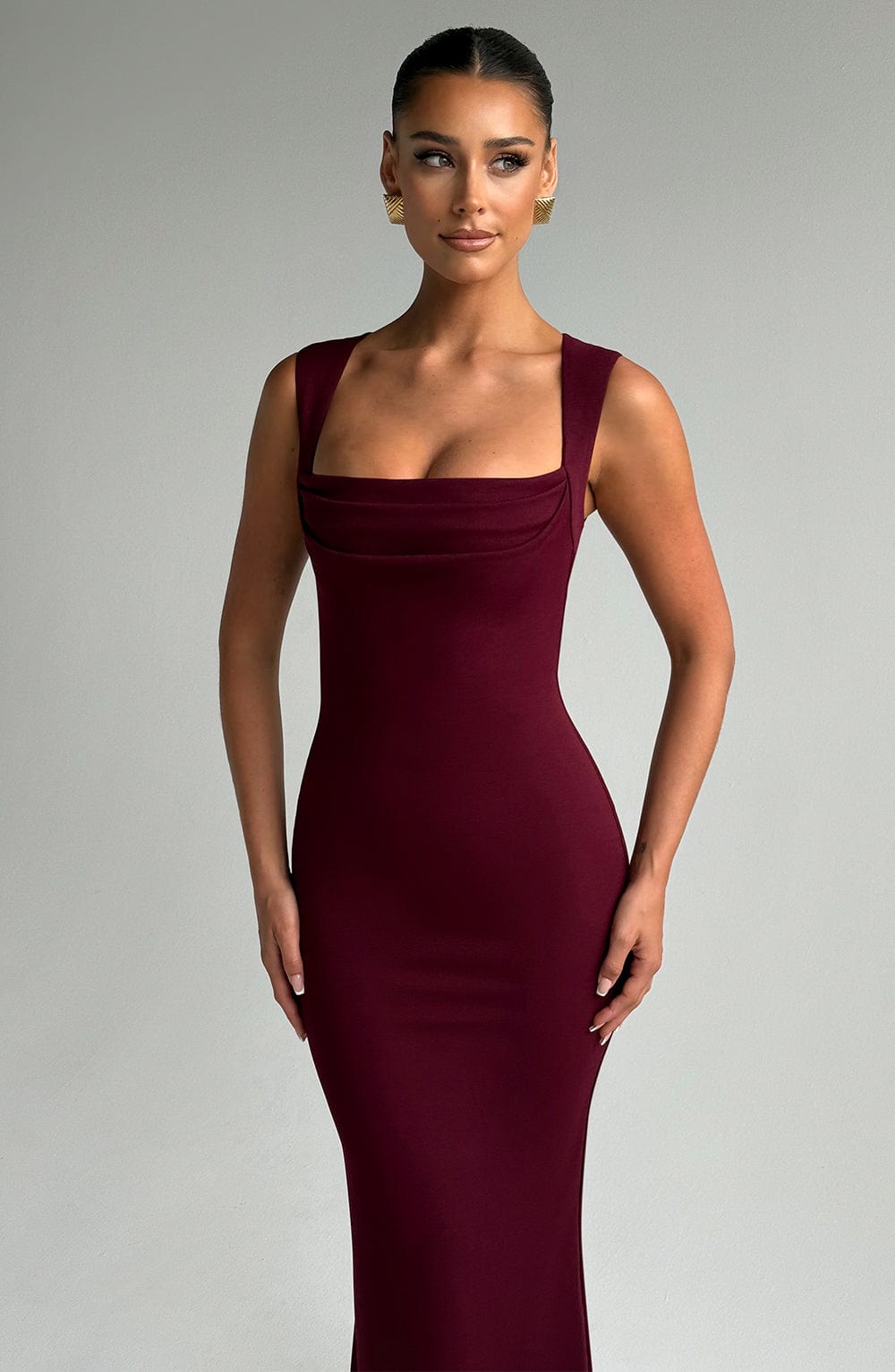 Grace | Burgundy Square Neckline Sculpting Maxi Dress