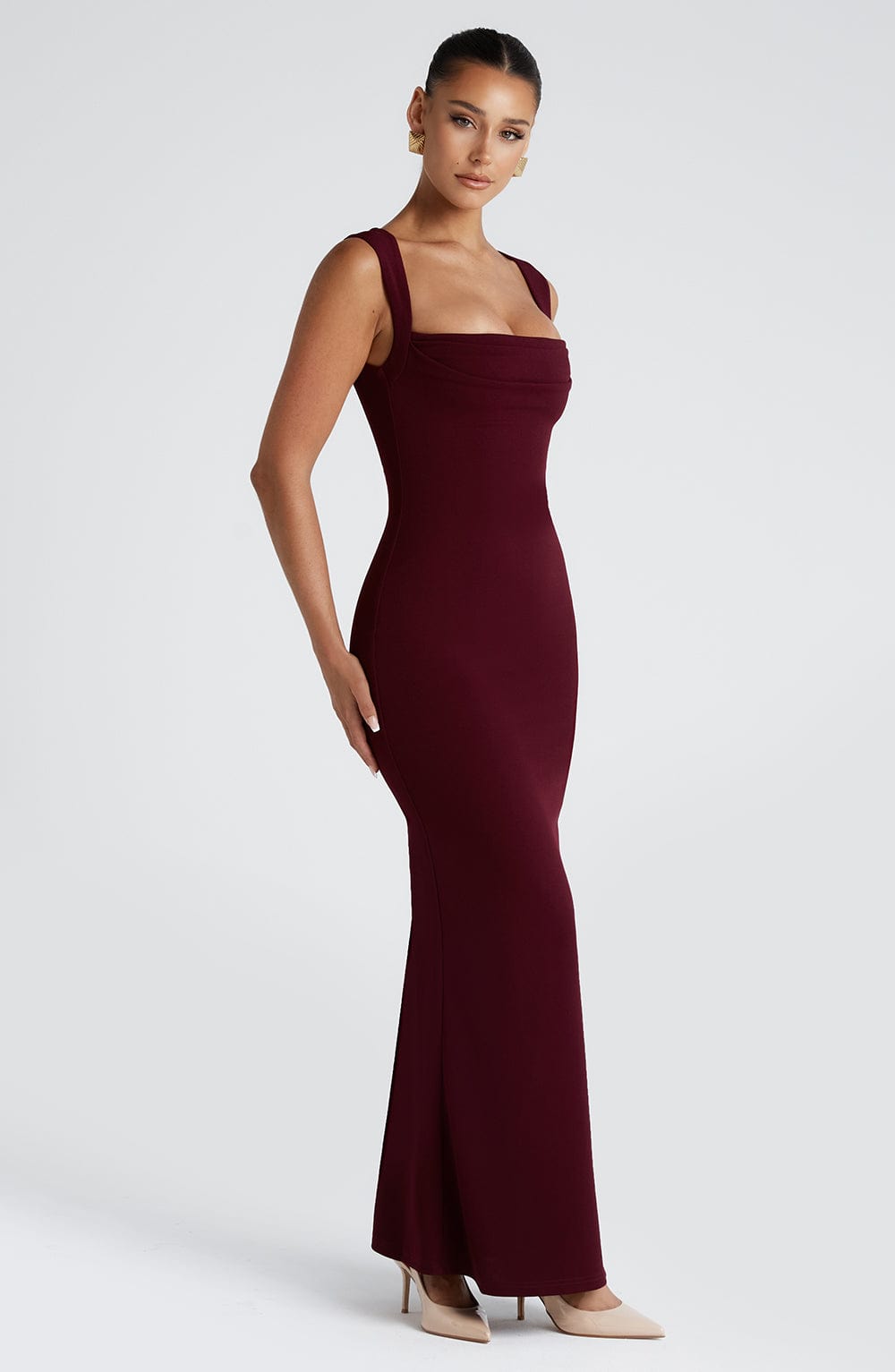 Grace | Burgundy Square Neckline Sculpting Maxi Dress