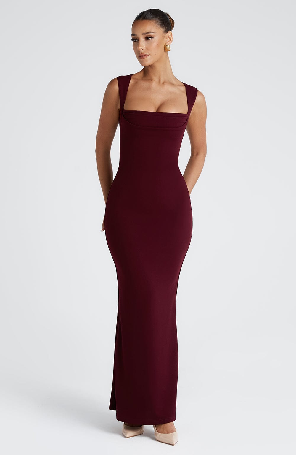 Grace | Burgundy Square Neckline Sculpting Maxi Dress