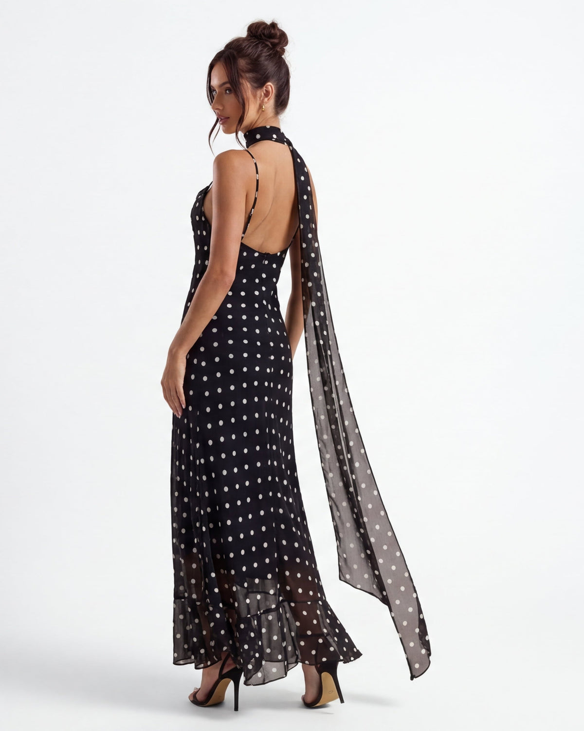 Noir | Polka Dot Maxi Dress Body-Skimming Silhouette with Sheer Hem