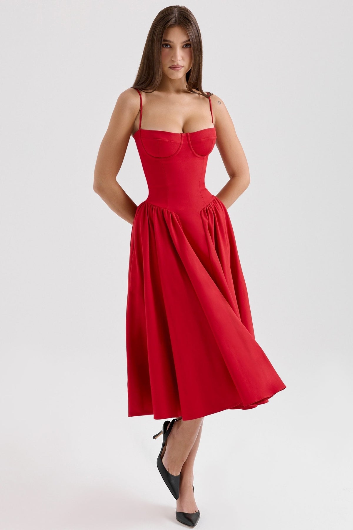Katrina | Red Seam Detail Corset Bodice Midi Dress