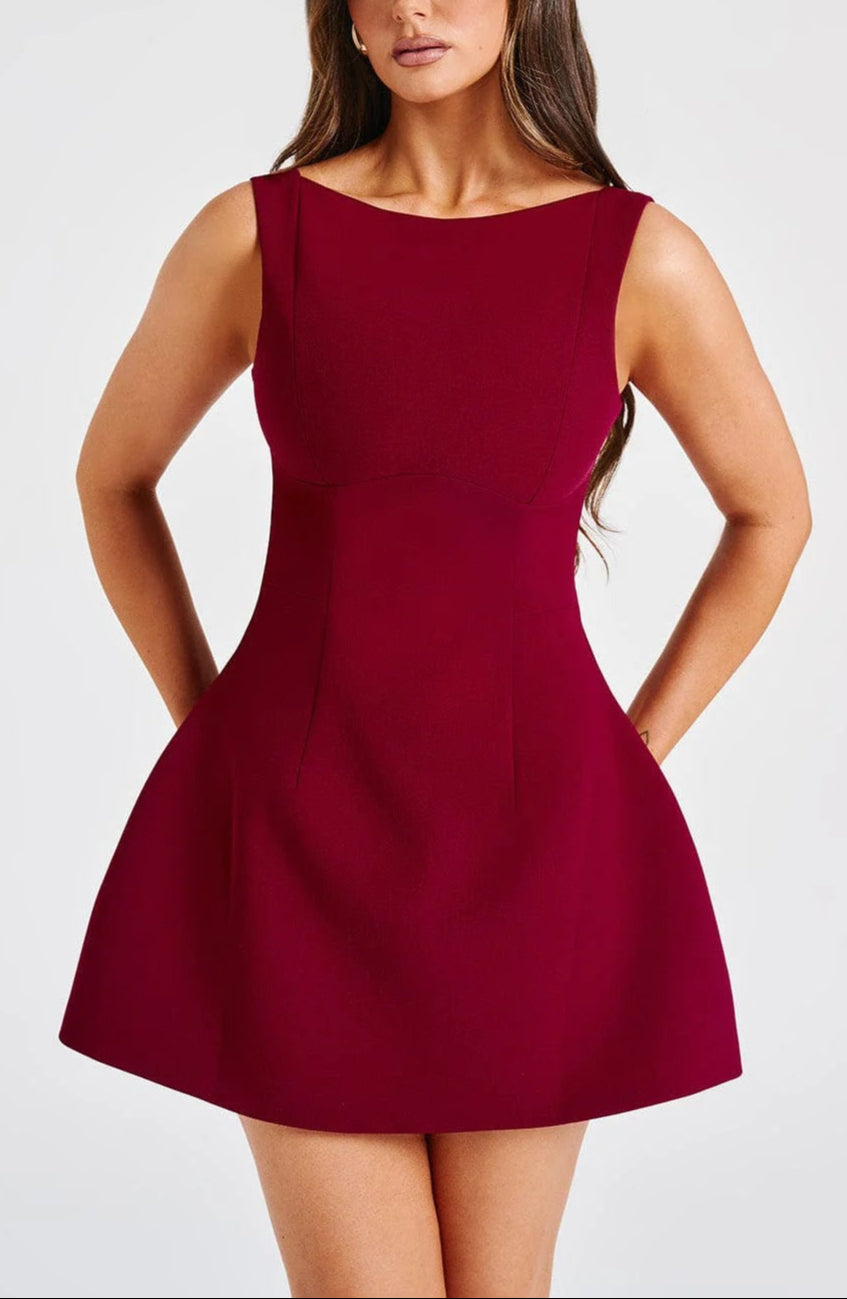 Delphine | High Boat Neck Bubble Skirt Mini Dress
