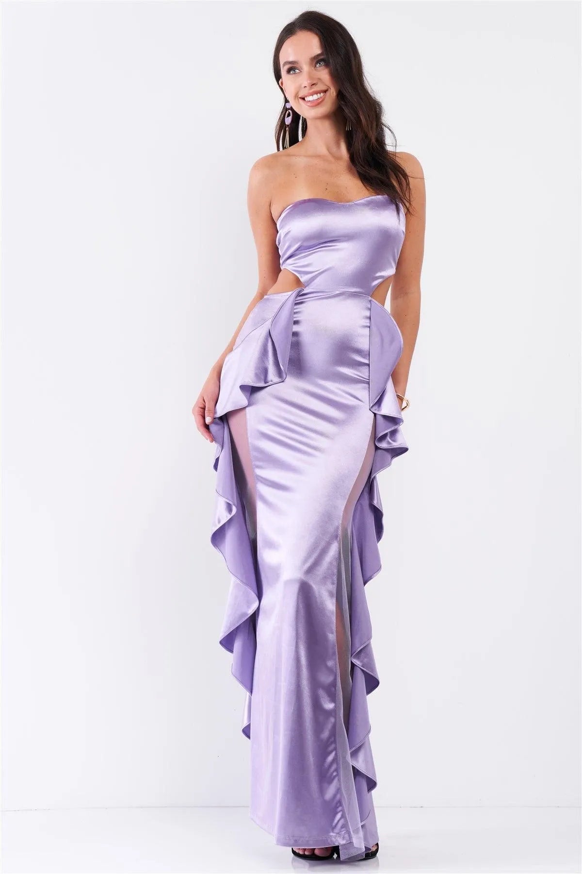 Tiffany | Lilac Strapless Satin Sweetheart Cut-Out Maxi Dress