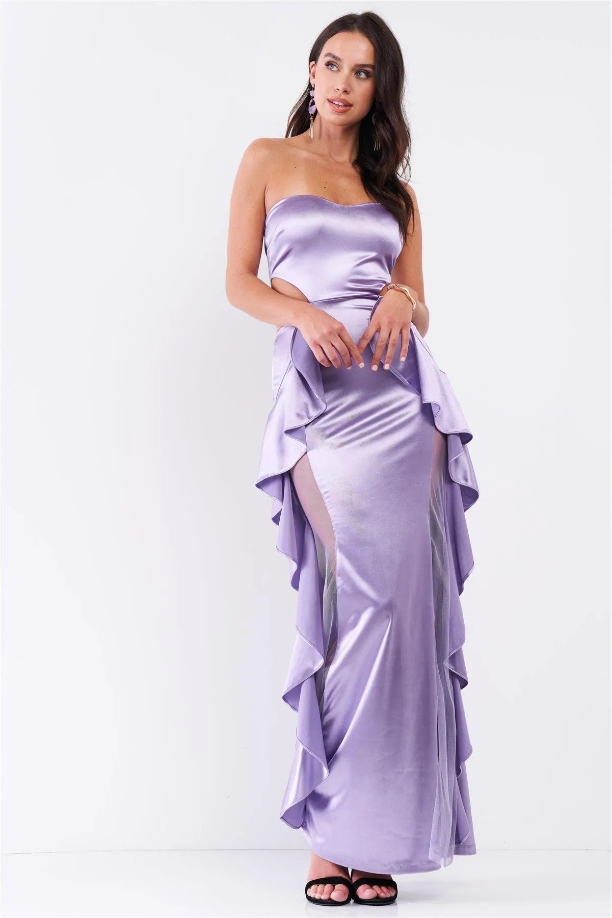 Tiffany | Lilac Strapless Satin Sweetheart Cut-Out Maxi Dress