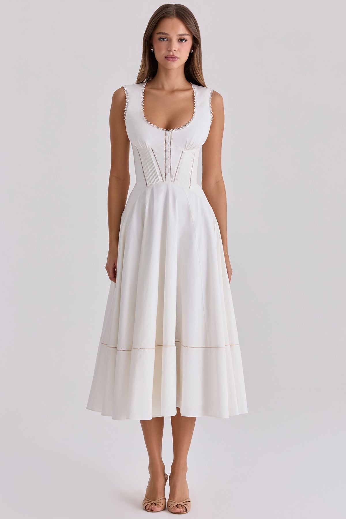 Eef | White Sculpted Stretch Cotton Midi Dress