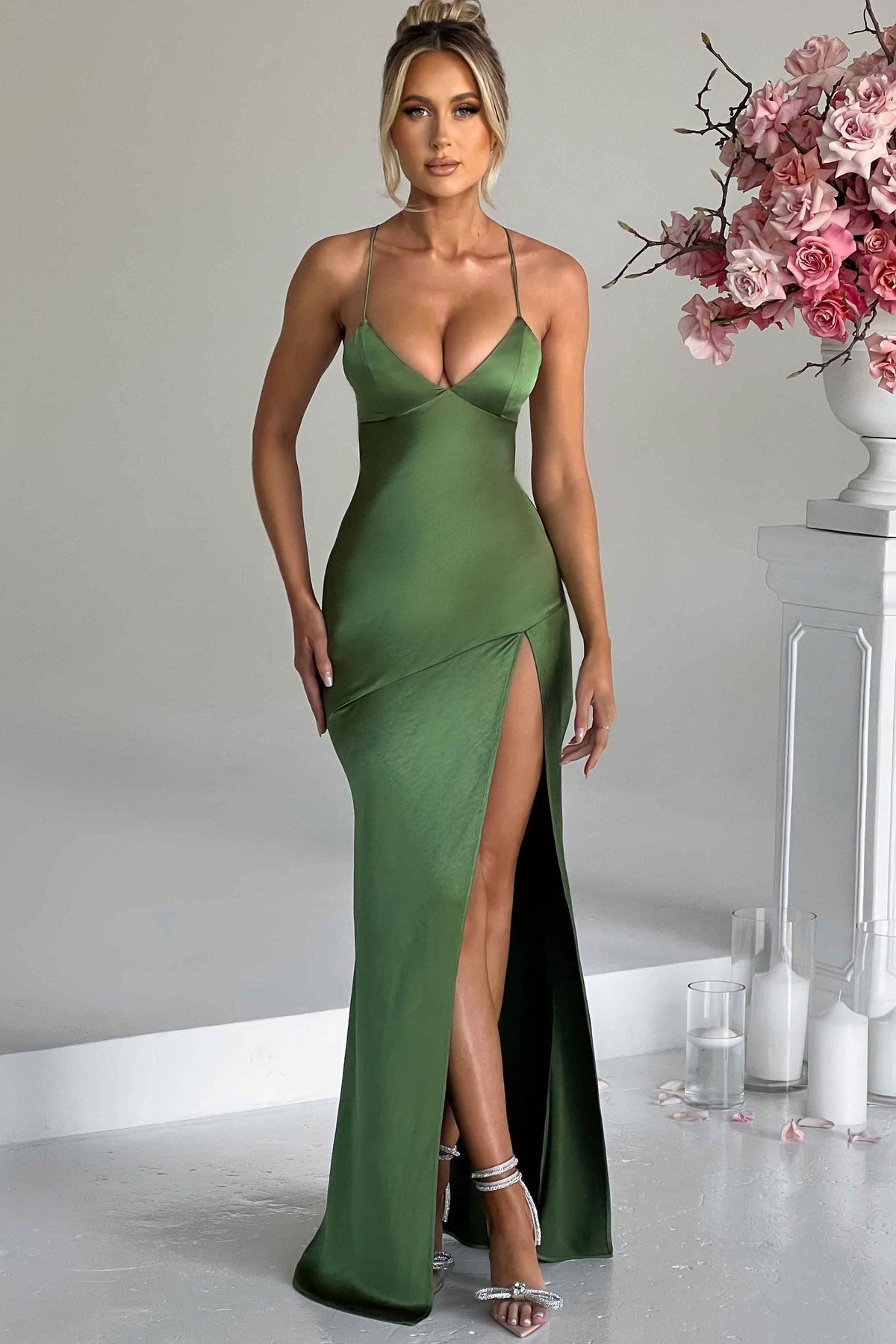 Alexia | Bias-Cut Plunging Satin Maxi Dress