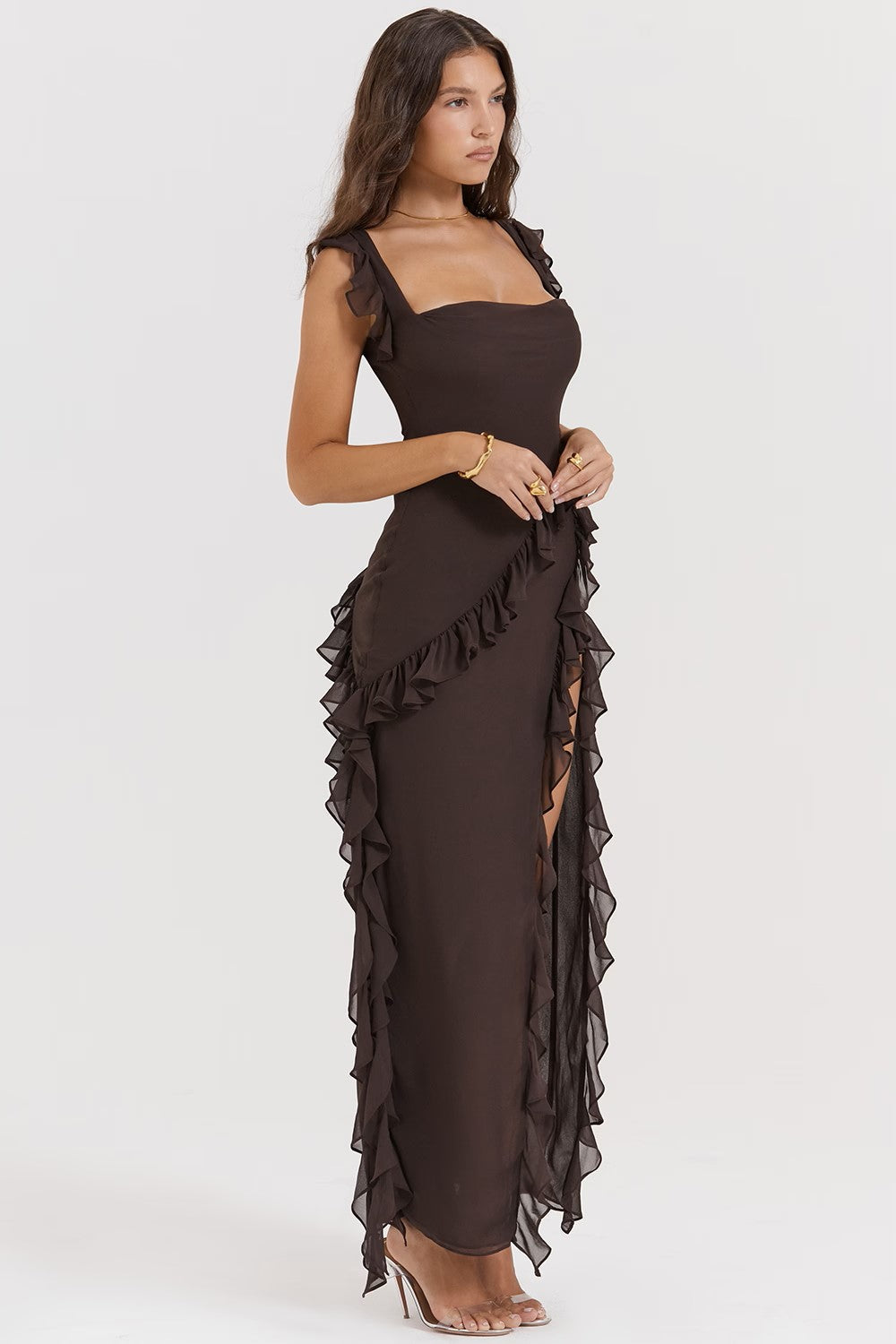 Soho | Square Neck Thigh-High Slit Ruffle Side Maxi Dress