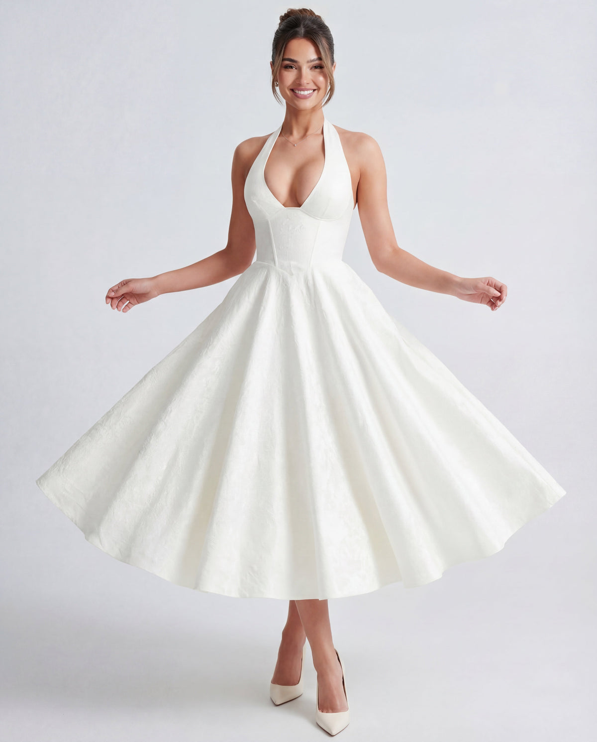 Evelyn | Halterneck Bustier Textured Jacquard Midi Dress