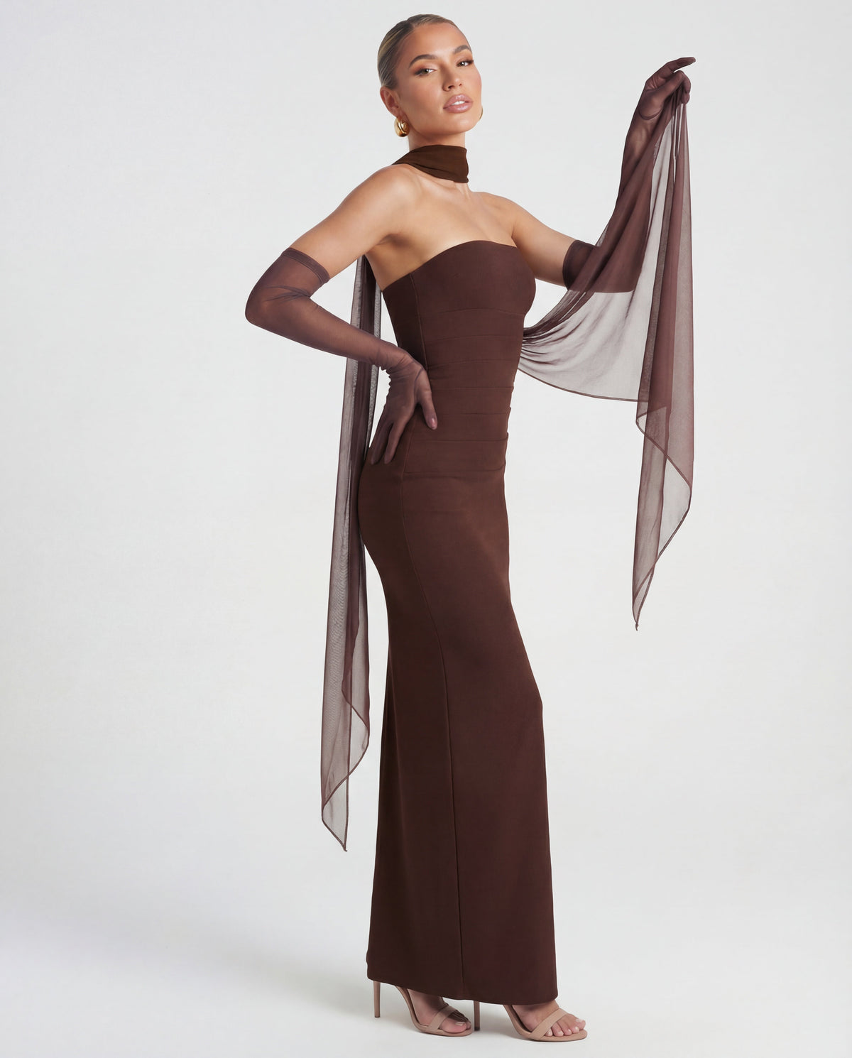 Ella | Strapless Sculpting Maxi Dress with Removable Mesh Scarf