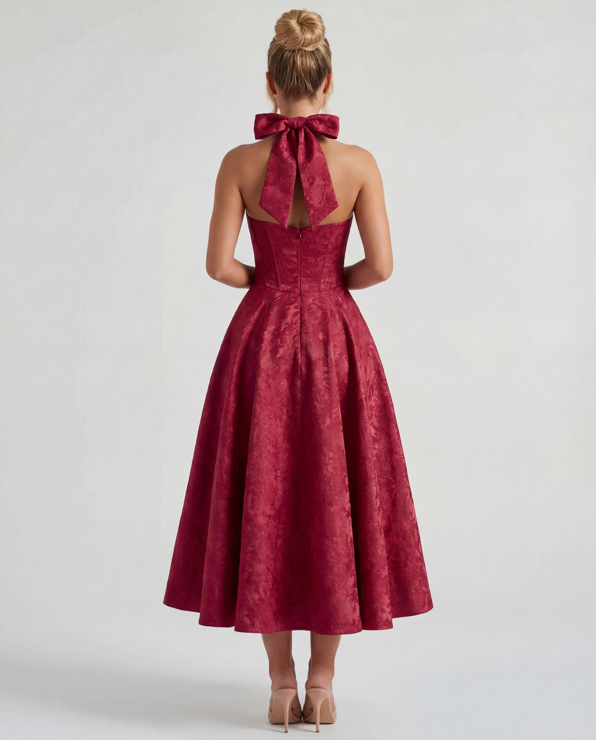 Evelyn | Halterneck Bustier Textured Jacquard Midi Dress