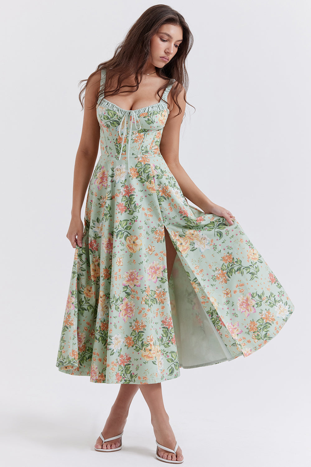Sabrina | Floral Split Midi Dress – Romantic Spring Stretch Sundress