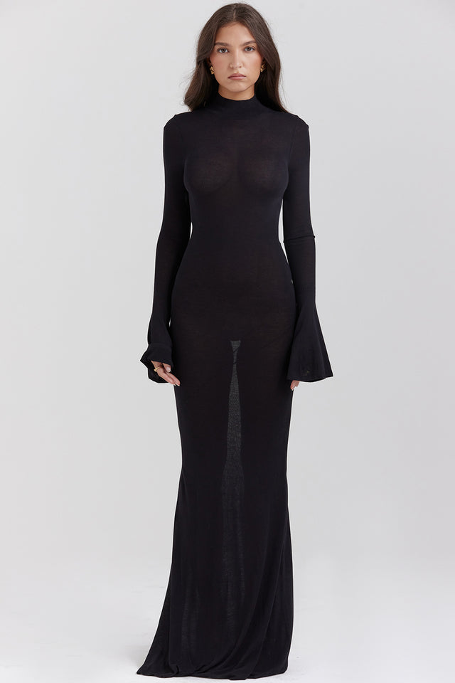 Sancha | Sheer Backless Black Knit Maxi Dress