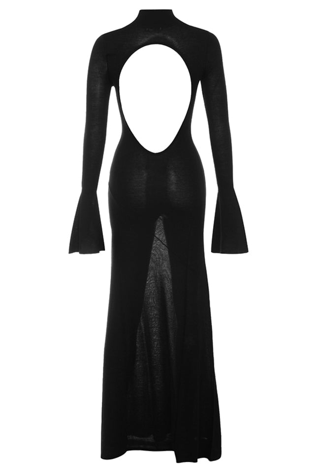 Sancha | Sheer Backless Black Knit Maxi Dress