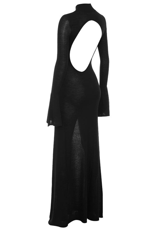 Sancha | Sheer Backless Black Knit Maxi Dress