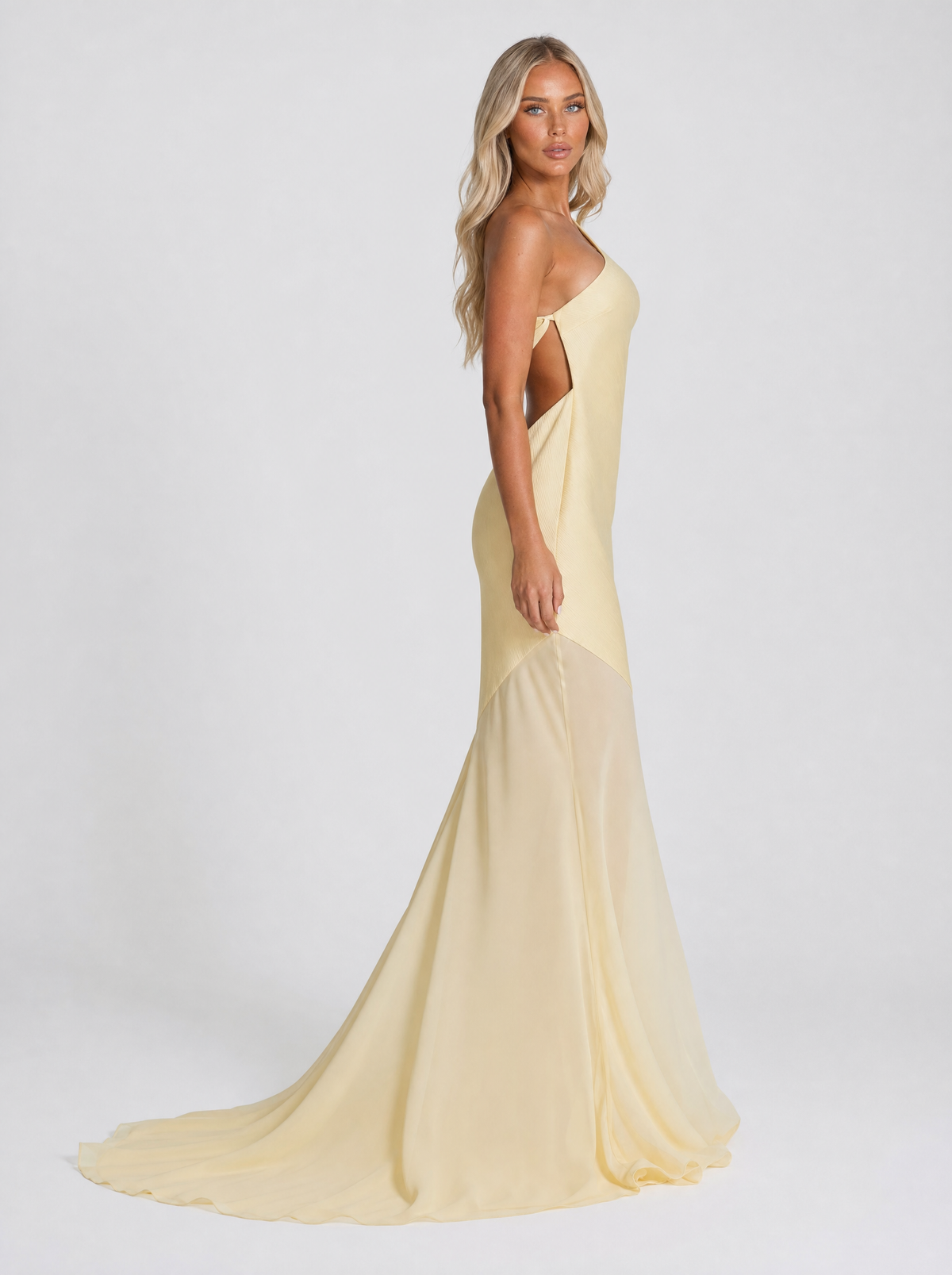 Amara one-shoulder maxi gown in yellow, side view