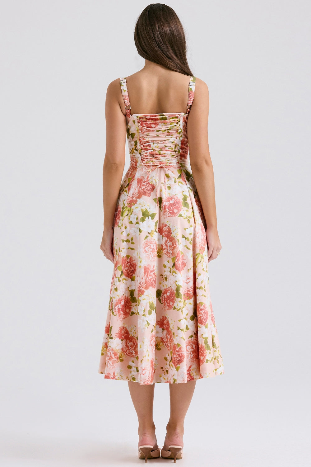 Carmen | Pink Peony Lace Up Back Floral Side Split Midi Dress