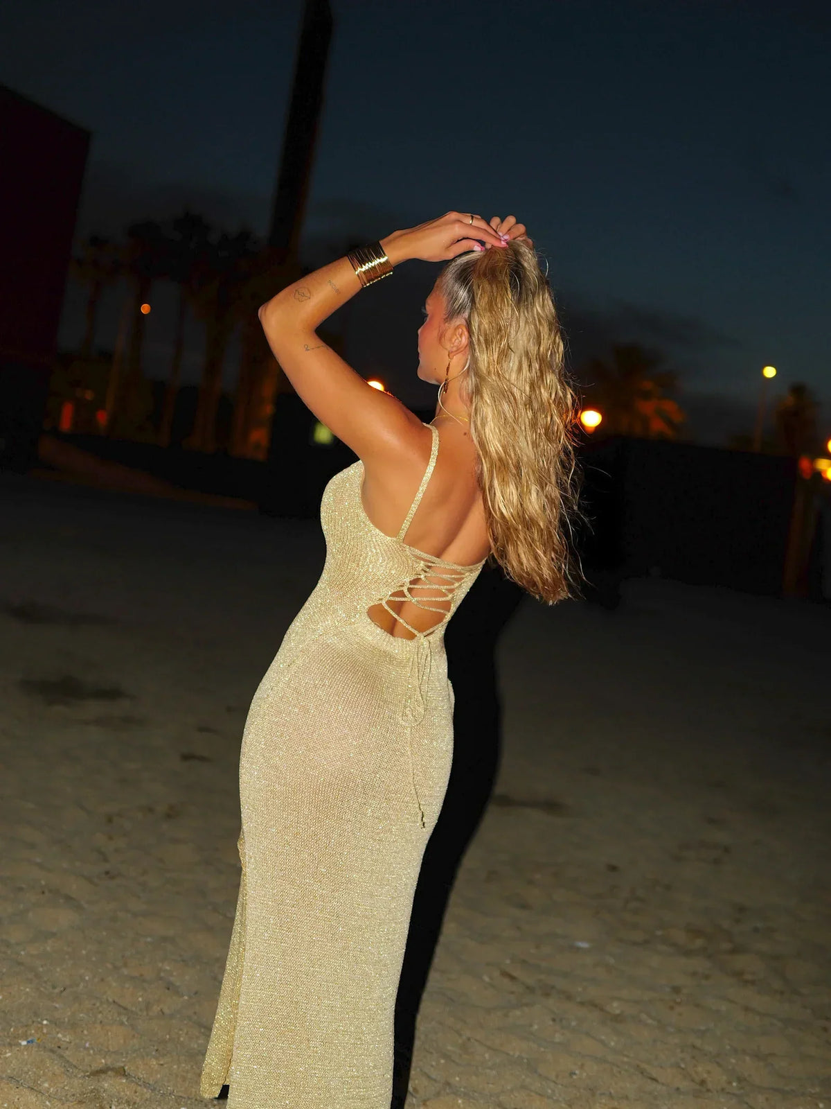 Isolde | Lace-Up Back Metallic Knit Maxi Dress with Thigh-High Slit