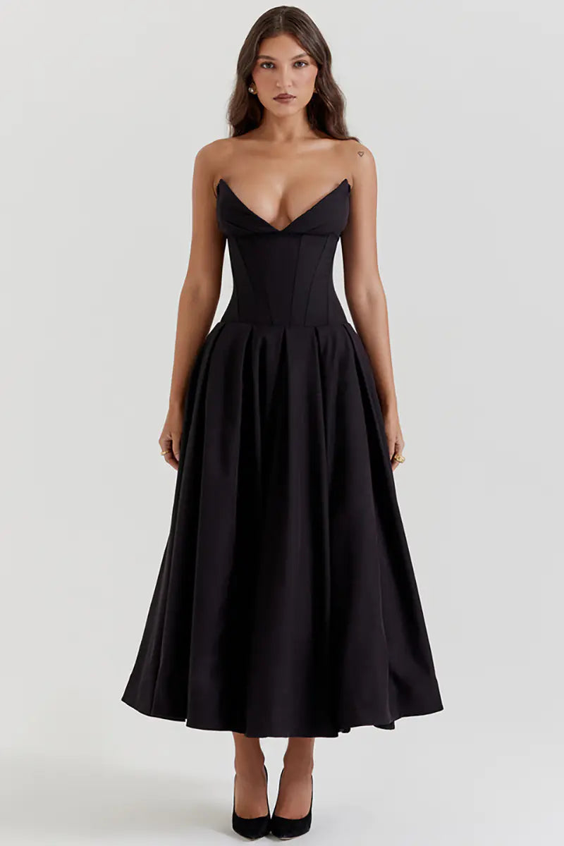 Nyssa | Full Pleated Romantic Silhouette Boned Corset Midi Dress