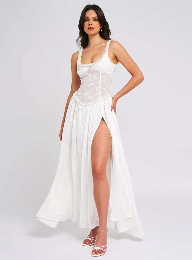 Louisa | Ethereal Floral Ruched Maxi Dress with High Slit