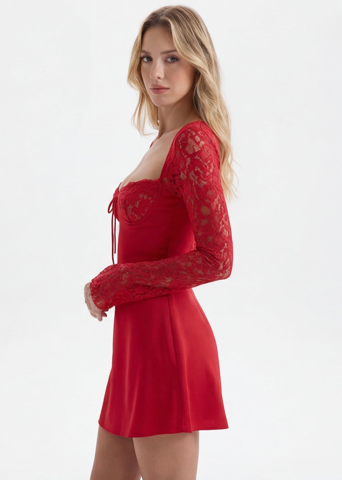 Samantha | Long Sleeve Bustier Red Lace Mini Dress